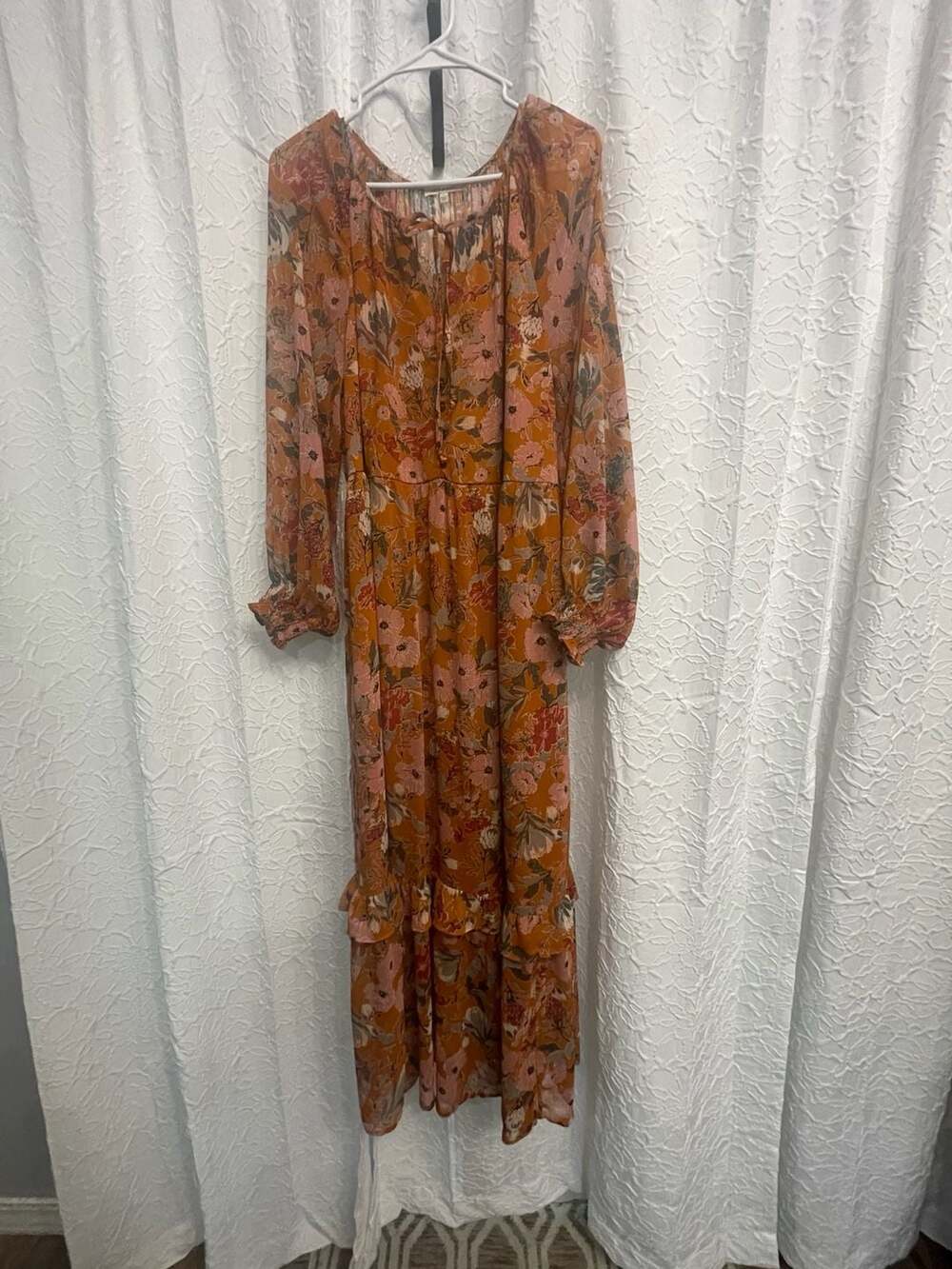 Kate & Sam Maxi Dress Size L Orange Floral Long Sleeve Tiered Chiffon
